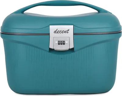 A teal beauty case with a combination lock and the brand name 'decent' printed on it.