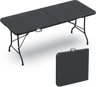 Produktbild von VOUNOT® Gartentisch Klapptisch 180x75 cm Campingtisch Buffettisch Klappbar, Rattan Optik Schwarz