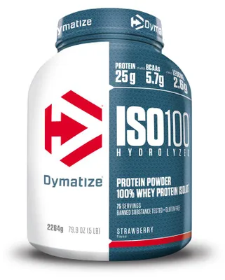 Productafbeelding van Dymatize ISO 100, poeder, gehydrolyseerd wei-eiwit, wei-eiwit isolaat, aardbei, L-alanine, L-arginine, L-asparaginezuur, L-cysteïne, L-glutaminezuur, L-glycine, L-histidine,..., Gehydrolyseerd wei-eiwit isolaat (melk) (49%), wei-eiwit isolaat (melk) (45%), emulgatoren..., 25 g