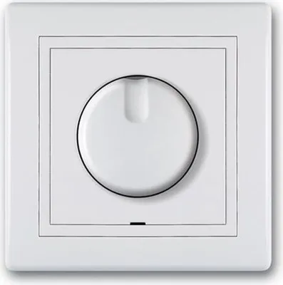A white dimmer switch with a circular dial is shown against a white background.