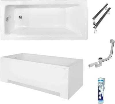 Image de ECOLAM Baignoire rectangle Talia 130x70 cm + tablier | vidage et trop-plein automatique | pieds siphon + silicone | Set complet