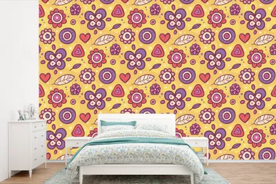Produktbild von MuchoWow® Fototapete für Wohnzimmer oder Schlafzimmer Wandtapete Vinyl Motivtapete Muster - Blumen - Lila - Orange - 330x220 cm - Fototapeten