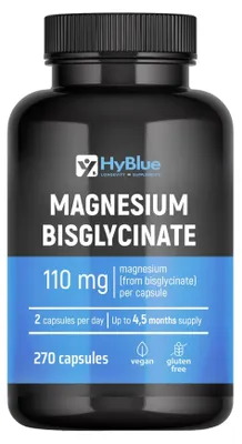 Immagine prodotto di HyBlue Magnesio Bisglicinato Capsule 270, 110mg | Magnesio Glicinato Capsule Alta Biodisponibilità | Integratore Stanchezza Fisica Mentale | Senza Glutine Ne Lattosio, 100% Vegano | Fino 3 Mesi