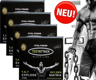 Produktbild von BPV - TESTATTACK 60 Kapseln - Pre-Workout-Booster - Hardcore Booster für EXTREME Trainingseinheiten -Hochdosiertes Kombi-Produkt perfekt geeignet für Sportler und Aktive Männer - Mit 7 hochwertigen Inhaltsstoffen - Optimal bei intensiven Belastungen - Optimale Bioverfügbarkeit - Ohne Künstliche Zusatzstoffe. Auch zu finden unter der Kategorie: Testo Booster, Maca, L-Arginin, Zinc, Guarana, Ginseng, Koffein, Creatin Monohydrat, BCAA, EAA, Aminosäuren, Kreatin, Testosteron Booster, Tribulus Terrestris, Vitami