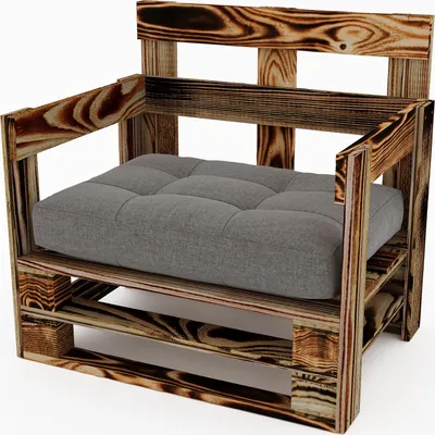 A close-up view of a single chair made from wooden pallets, with a gray cushion on the seat.
