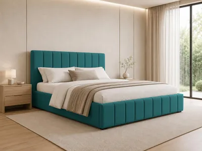 Produktbild von MOEBLO Polsterbett Bett 01 – Doppelbett mit Kopfstütze, Rahmenbettgestell, Bettkasten, Lattenrost und gepolstertem Kopfteil - 140x200 - Peacook (TRINITY 29), KI-generiertes Bild