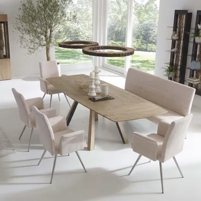 Obrázok produktu pre Jedálenská súprava HWC-G55, súprava 4 stoličiek s podrúčkami + sedacia lavica 180 cm, brúsená nehrdzavejúca oceľ látka/textilný šenil ~ krémová