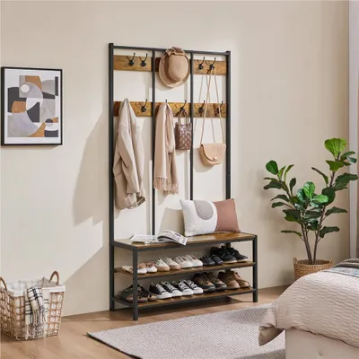 A hallway or entryway scene featuring a coat rack with a shoe bench.