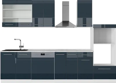 Image de Ligne de cuisine Vicco Fame-Line bleu foncé brillant/blanc 300cm avec armoire haute, sans PT, Model 49018