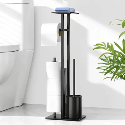 Produktbild von Toilettenpapierhalter mit Toilettenbürste, 4-in-1, mattschwarz, edelstahl und glas, für bad