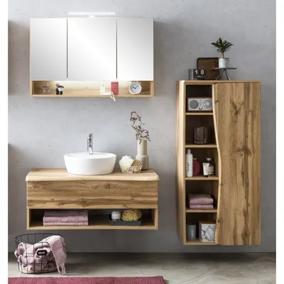 Produktbild von Badezimmermöbel Set in Wotan Eiche Nb. mit Baumkantenoptik KAHLA-03 Aufsatzwaschbecken und LED Spiegelschrank, B/H/T: ca. 181/200/52 cm