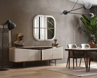 Image de Salle à manger Set Beige Buffet Miroir rectangulaire Meubles en bois de luxe