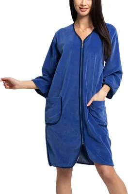 Produktbild von Aquarti Damen Velours Bademantel Morgenmantel Kurz mit Reißverschluss, Farbe: Jeans, Größe: 3XL