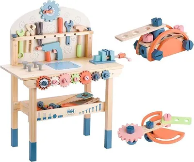 Productafbeelding van Werkbank voor kinderen, speelgoedwerkbank, houten werkbank, werkbank met gereedschapset, houten constructiewerkbank, speelgoed voor jongens en meisjes van 3, 4 en 5 jaar