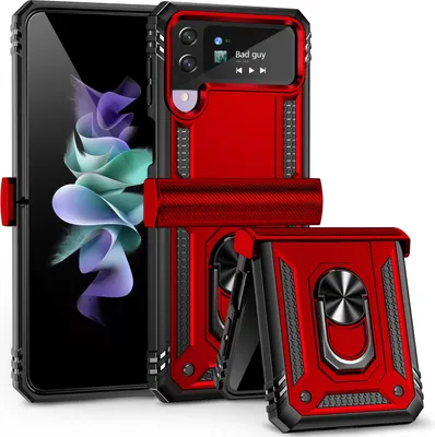 Produktbild von Galaxy Z Flip4 Hülle, Dual Layer Robust Militäre Scharnierschutz Schutzhülle mit Ringhalterung Ständer für Samsung Galaxy Z Flip 4 5G Rot