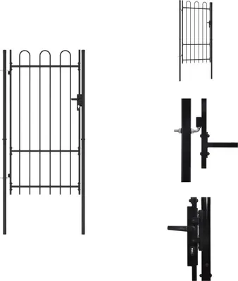 Productafbeelding van vidaXL Hekpoort, enkelvoudig, gebogen bovenkant, staal, 1 x 1,75 m, zwart - Tuinpoorten