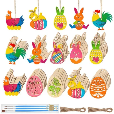 Produktbild von Oster Bastelset Kinder 60 Stück Holz Ostereier Hasen Huhn Blume zum Aufhängen DIY Deko Geschenk