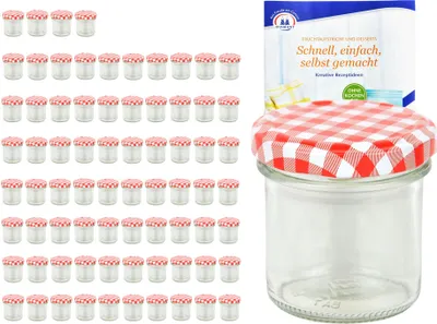 Zdjęcie produktu dla zestaw 75 szklanek 167 ml Do 66 słoików w czerwoną kratkę Słoiki na przetwory z książeczką z przepisami