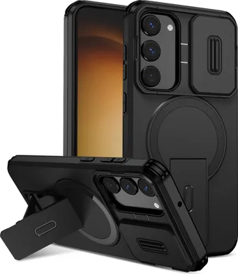 Obrázek produktu pro Magnetické pouzdro pro Samsung Galaxy S23+, dvouvrstvé odolné pouzdro s posuvnou ochranou fotoaparátu a nastavitelným stojánkem Černá