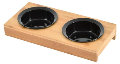Produktbild von Love Story Doppelnapf aus Keramik, schwarz, Ständer aus Bambus, Durchmesser 12 cm