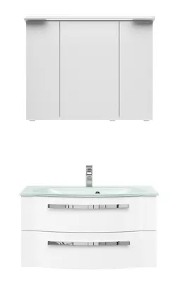 Produktbild von PELIPALSerie 4005 9920900211 Block bestehend aus:Glas-Waschtisch, Unterschrank, Spiegelschrank mit Kranz / 92cm