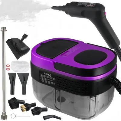 A steam cleaner and its accessories are displayed against a white background.