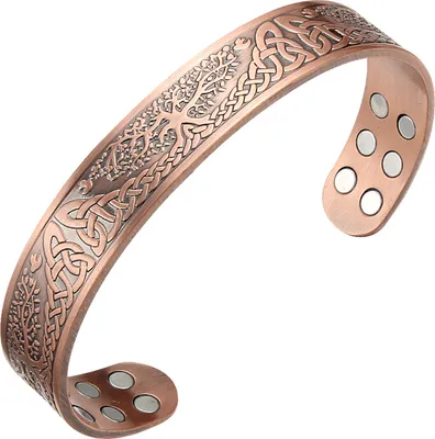Produktbild von Magnetarmband aus reinem Kupfer, offener Verschluss, Manschettenarmreif mit 18 Heilmagneten, Lebensbaum-Design, Vintage-Schmuck, Geschenk für Männer und Frauen