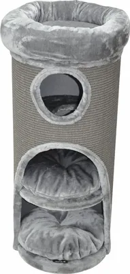 A tall, cylindrical cat scratching post with multiple levels and openings.