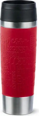 A red insulated travel mug with embossed coffee-related words.