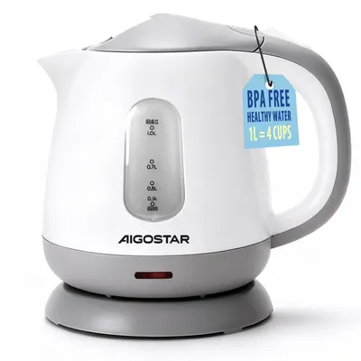 A white and gray electric kettle is shown on a white background.