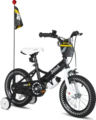 Image de Vélo pour enfants Joystar, 12 pouces, avec stabilisateurs, porte-gobelet, selle réglable, drapeau, idéal pour les garçons, vélo pour tout-petits, couleur noire