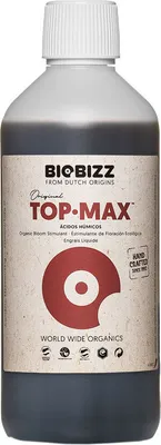 A bottle of Biobizz Top-Max organic bloom stimulator.