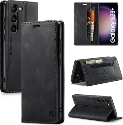 Produktbild von Galaxy S23+ Brieftasche Hülle, Retro Kunstledertasche Stand Schutzhülle für Samsung Galaxy S23+ Schwarz