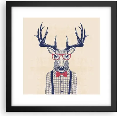 Produktbild von Gerahmtes Poster - Schwarzer Rahmen - Charakter Hirsch Illustration hipster - 30x30 cm - Wand Bild - Wanddeko - Wandbilder - Wandposter - Bilderrahmen - Bilder - Kunstdruck - P2BAC30x30-3120