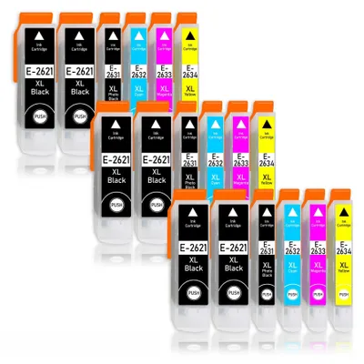 A collection of ink cartridges arranged in rows.
