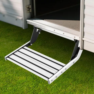 Imagen del producto de Escalón plegable para autocaravanas – Plata, aluminio y acero – Capacidad de carga de 150 kg – Superficie antideslizante
