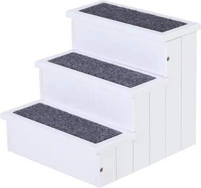 Produktbild von Hundetreppe 3 Stufen Katzentreppe Hundetreppe für Hunde und Katzen Tiertreppe Einstiegshilfe mit Teppich Stauraum für Sofa Bett Tannenholz Weiß