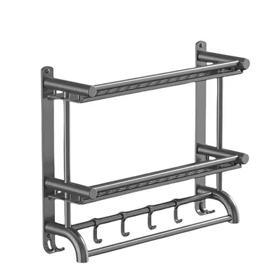 Produktbild von Wandregal für Badezimmer ohne Bohren, Edelstahl, mit Haken, rostfrei, 2-stöckig, 60cm
