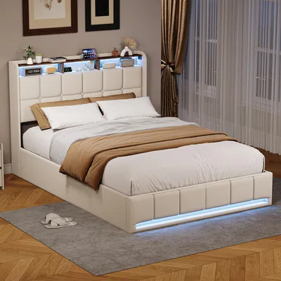Immagine prodotto di Letto matrimoniale imbottito - Grigio 160x200 cm - Legno e lino - Con spazio contenitore e illuminazione LED