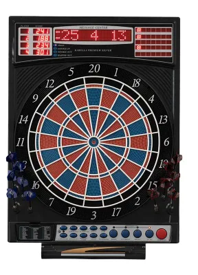 Produktbild von Dartautomat Premium Silver, elektronische Dartscheibe mit High-End Level 41 Spiele, Profi 2-Loch Turnierausführung, LED-Anzeigen, inkl. 12 Softdarts