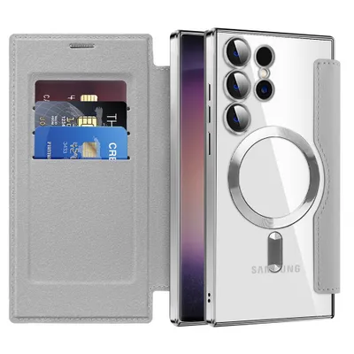 Obrázek produktu pro Pouzdro pro Samsung Galaxy S25 Ultra kompatibilní s MagSafe, průhledné pouzdro s držákem karet, kožené pouzdro s ochranou kamery Stříbro