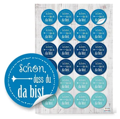 Produktbild von 24 runde Aufkleber hellblau türkis blau SCHÖN DASS DU DA BIST 4 cm Geschenkaufkleber Etiketten für Hochzeit Taufe Kommunion Geburtstag Gastgeschenke give-away Deko Feste Geschenke Verpackung Mitgebsel48 Aufkleber / 2 Bögen