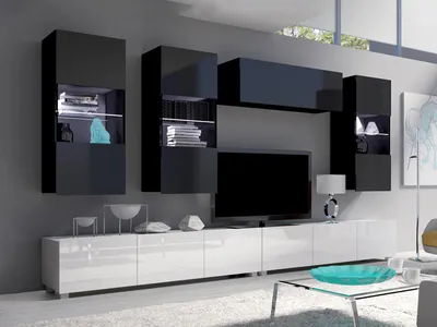 Produktbild von Wohnwand CALABRINI-5 Wohnzimmer-Set Hängewohnwand Schrankwand mit LED-Beleuchtung TV-Schrank Vitrine Moderne Anbauwand Hochglanz (Schwarz + Weiß)