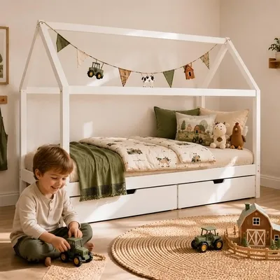 Produktbild von Homestyle4u Kinderbett 90x200 mit Lattenrost mit Bettkasten 2er Set Strauraum Schublade Hausbett Weiß