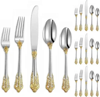 Imagen del producto de Juego de cubiertos de acero inoxidable con diseño vintage de flor dorada, incluye cuchillos para carne, tenedores, cucharas y cucharas de café (dorado/plateado, 20 piezas)