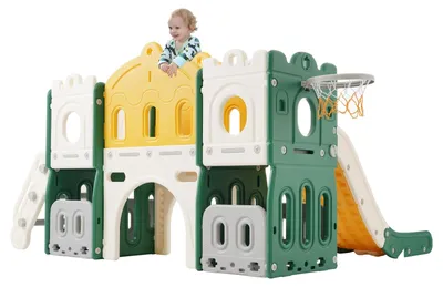 Immagine prodotto di 6 in 1: Scivolo, area giochi per bambini, scivolo per bambini, gioco da arrampicata, canestro da basket, ideale per bambini