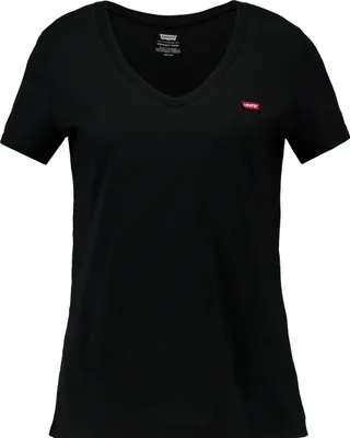 Produktbild von Baumwolle Damen V-Ausschnitt T-Shirt Schwarz mit Applikation