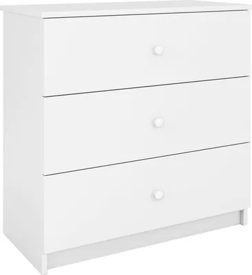 A white three-drawer dresser against a white background.