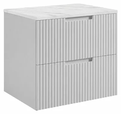 Immagine prodotto di Mobile bagno sospeso, 60 cm, con cassetti, struttura bianca e piano in marmo bianco, completo di maniglie, dimensioni 60 x 46 x 58,6 cm, Immagine generata dall'IA
