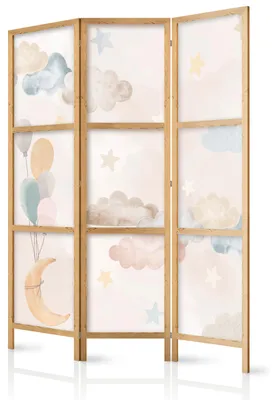 Produktbild von Muralo Japanischer PARAVENT 3-teilig Raumteiler klappbar PREMIUM-Vliesleinwand BUNTE WOLKEN UND STERNE für Kinderzimmer 135cmx172cm